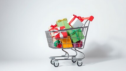 Shopping cart filled with vibrant gift boxes, representing online shopping and festive gifting.