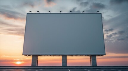 Blank Billboard Against Dramatic Sunset Sky in Empty Parking Lot