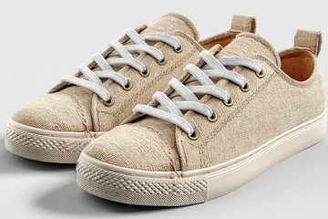 Beige linen low-top shoes, ultra-detailed design, white laces, subtle side highlights for layering, 4K HD hyper-realistic, no text/brand/light sources/rays