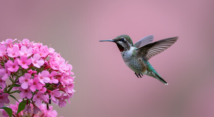Fototapeta premium Hummingbird feeding on vibrant pink blossoms, capturing delicate motion and natural beauty in a serene floral environment 