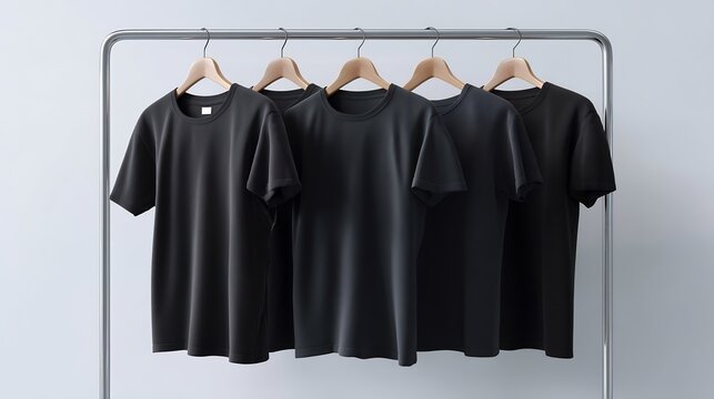 Five black t-shirts hang neatly on a silver rack against a minimalist background