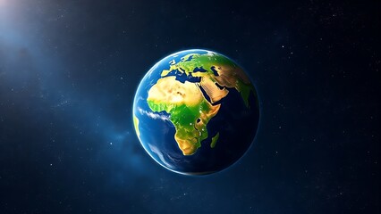 Earth globe floating in starry space, highlighting vibrant continents in a cosmic setting.
