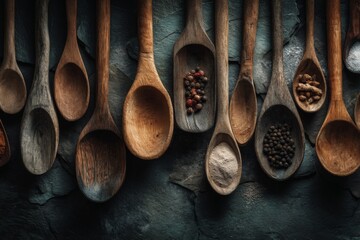 Display of handcrafted wooden spoons showcasing various spices and ingredients in a rustic kitchen setting
