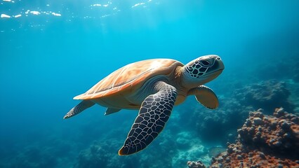 Fototapeta premium Green sea turtle swimming peacefully in clear ocean waters near a coral reef.