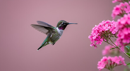 Fototapeta premium Hummingbird feeding on vibrant pink blossoms, capturing delicate motion and natural beauty in a serene floral environment 