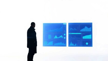 Obraz premium x-default Businessman Analyzing Stock Market Data on Futuristic Screens