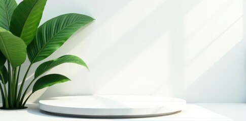 Clean white backdrop with palm leaves & stone platform, simple, platform, scene