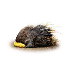 Porcupine eating corn on the ground, showcasing its sharp quills and textured fur, isolated on white background