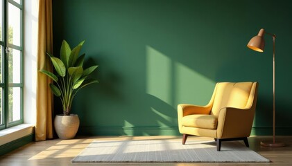 Elegant living room scene, frotte armchair, wooden elements, green accents , home staging template, mockup