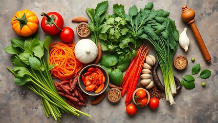 Fresh Asian ingredients are beautifully arranged on a stone surface, showcasing vibrant herbs and spices.
