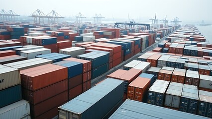 Fototapeta premium Geometrically arranged cargo containers viewed from an elevated perspective under overcast skies.
