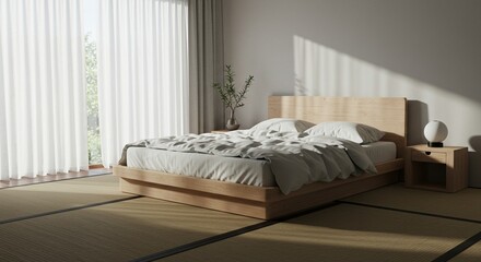 Japandi Interior Design of a Minimalist Bedroom with Tatami Floor and Wooden Bed
