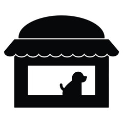 Black Silhouette of Dog Sitting in Storefront Window under Awning and Roof Pet Shop Concept Minimalist Design