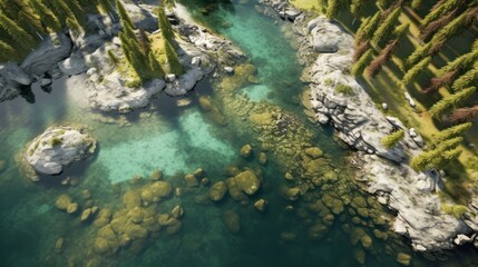 serene aquamarine river, mossy rocks, lush overgrowth, dense foliage, tranquil natural landscape, vibrant colors, captivating reflection, atmospheric lighting, stunning scenery, dreamlike environment
