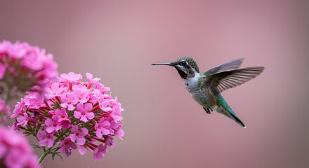 Fototapeta premium Hummingbird feeding on vibrant pink blossoms, capturing delicate motion and natural beauty in a serene floral environment 