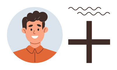 Young person smiling in a circular frame, bold cross, and squiggly lines conveying positivity, energy, support, and individuality. Ideal for self-growth, positivity, mental health teamwork and care