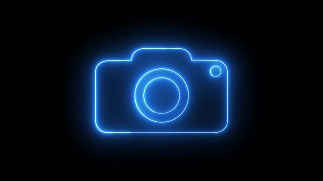Glowing neon camera icon animation, video recording and film themes. Social media video camera icon for app animated on black background.