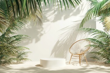 3D render of abstract tropical summer scene with empty podium and beach chair on sand under palm leaves, product presentation mockup design