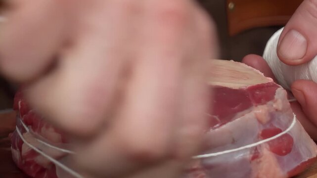Close-up of a hand carefully tying butcher's twine around a raw Osso Buco steak. This preparation step helps the meat maintain its shape during slow cooking