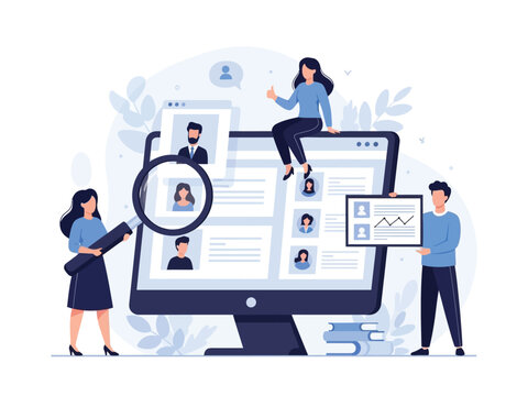 Human resources team analyzing candidate profiles on a large computer screen for recruitment.