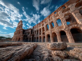 Ancient Roman amphitheater under a dramatic sky