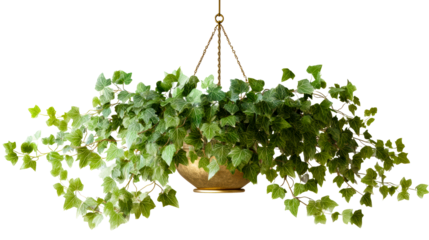 A lush green ivy plant hangs from a chain in a decorative pot