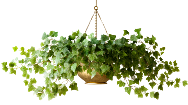 A lush green ivy plant hangs from a chain in a decorative pot