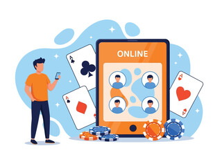 A man uses his smartphone to play an online poker game with other people, surrounded by giant cards and casino chips.