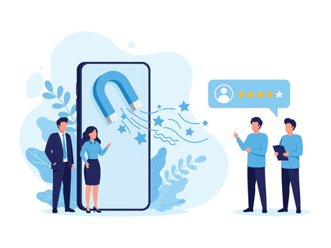 A business team uses a large magnet on a smartphone to attract positive customer feedback and five-star reviews.