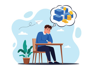 A worried man sits at a desk, dreaming about stacks of money and coins in a thought bubble.