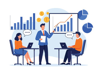 A businessman presents financial data on charts and graphs to colleagues during a corporate meeting.