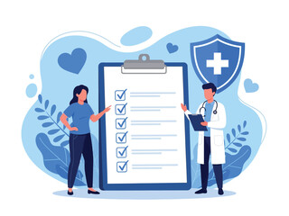 A doctor and a patient review a completed medical checklist, with a shield symbolizing health insurance.