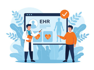Doctor explains electronic health record (EHR) to a patient using a large digital screen.
