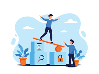 Obraz premium A man balances on a plank with support from a colleague, representing teamwork and stability.