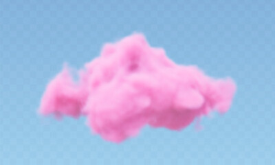 3d realistic pink cotton cloud on transparent background. Fluffy vector smoke.