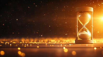 Golden hourglass with sand flowing inside glowing warmly with bokeh light particles in dark background, symbolizing time passing beautifully