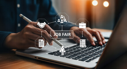 A person using a laptop and stylus, interacting with a digital interface representing a job fair, highlighting career opportunities and recruitment processes