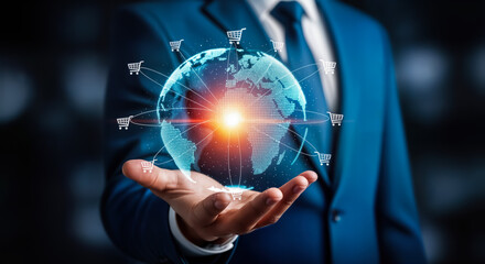 Businessman holding a glowing digital globe with shopping cart icons orbiting, symbolizing global ecommerce and interconnected online business networks