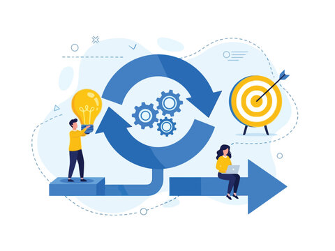 A business team follows an iterative workflow from an innovative idea to achieving a target goal.