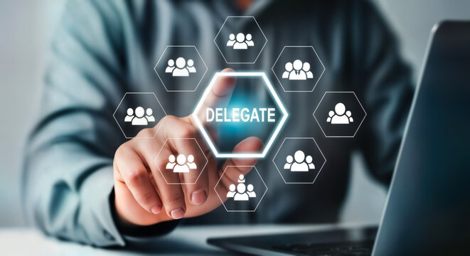 Businessmans finger touching a digital interface with the word delegate in the center, surrounded by icons representing team members, symbolizing effective delegation and management in business