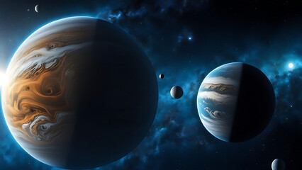 Two large gas giant planets in deep space with moons and a bright star, cosmic, sci-fi landscape,4k