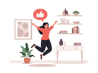 A happy woman jumps for joy, celebrating positive feedback or social media approval represented by a thumbs-up icon.