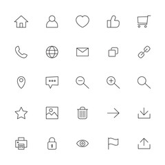 Minimal outline icons set including home, user, heart, like, cart, phone, globe, mail, link, location, chat, zoom, search, star, image, trash, arrow, download, print, lock, eye, flag, and share.
