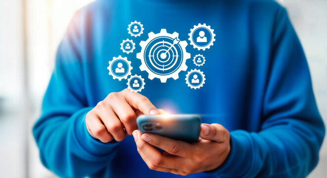 Person using a smartphone with a digital graphic overlay of interconnected gears and a target, symbolizing technology, strategy, and process management in business