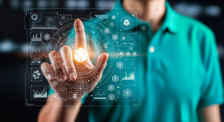 A persons hand interacting with a futuristic digital interface displaying complex data visualizations and network connections, symbolizing technological advancement and data analysis