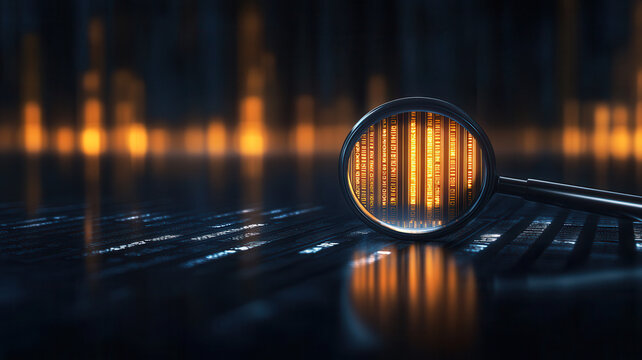 Magnifying glass focusing on glowing digital code with dark background and reflective surface creating futuristic and mysterious atmosphere