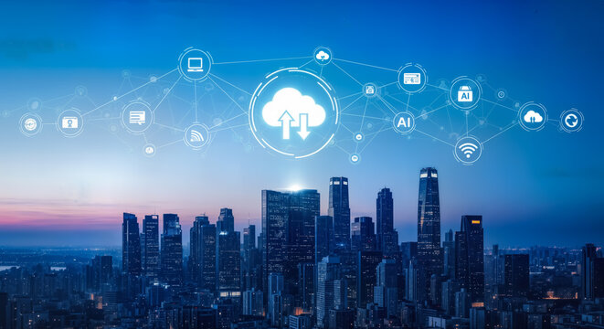 Abstract digital cloud computing network connecting various technology icons above a modern city skyline at dusk, symbolizing global connectivity and data transfer