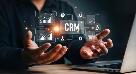 Customer relationship management crm system concept with data analytics and business growth strategy visualized with digital interface and user interaction