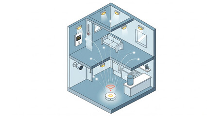 Obraz premium Isometric illustration of a modern smart home interior with connected devices, showing various rooms.
