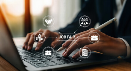 Hands typing on a laptop with job fair icons symbolizing career opportunities, recruitment, and professional growth